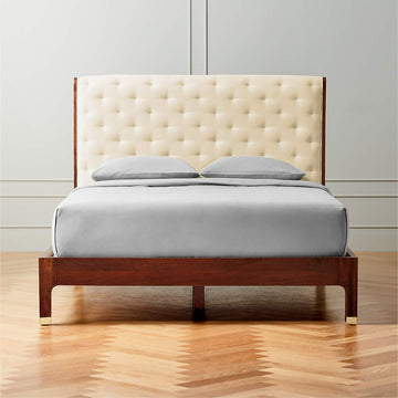 Crosby Tufted White Velvet and Wood Queen Bed