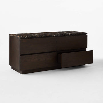 Logan 4 Drawer Oak Wood and Marble Low Dresser