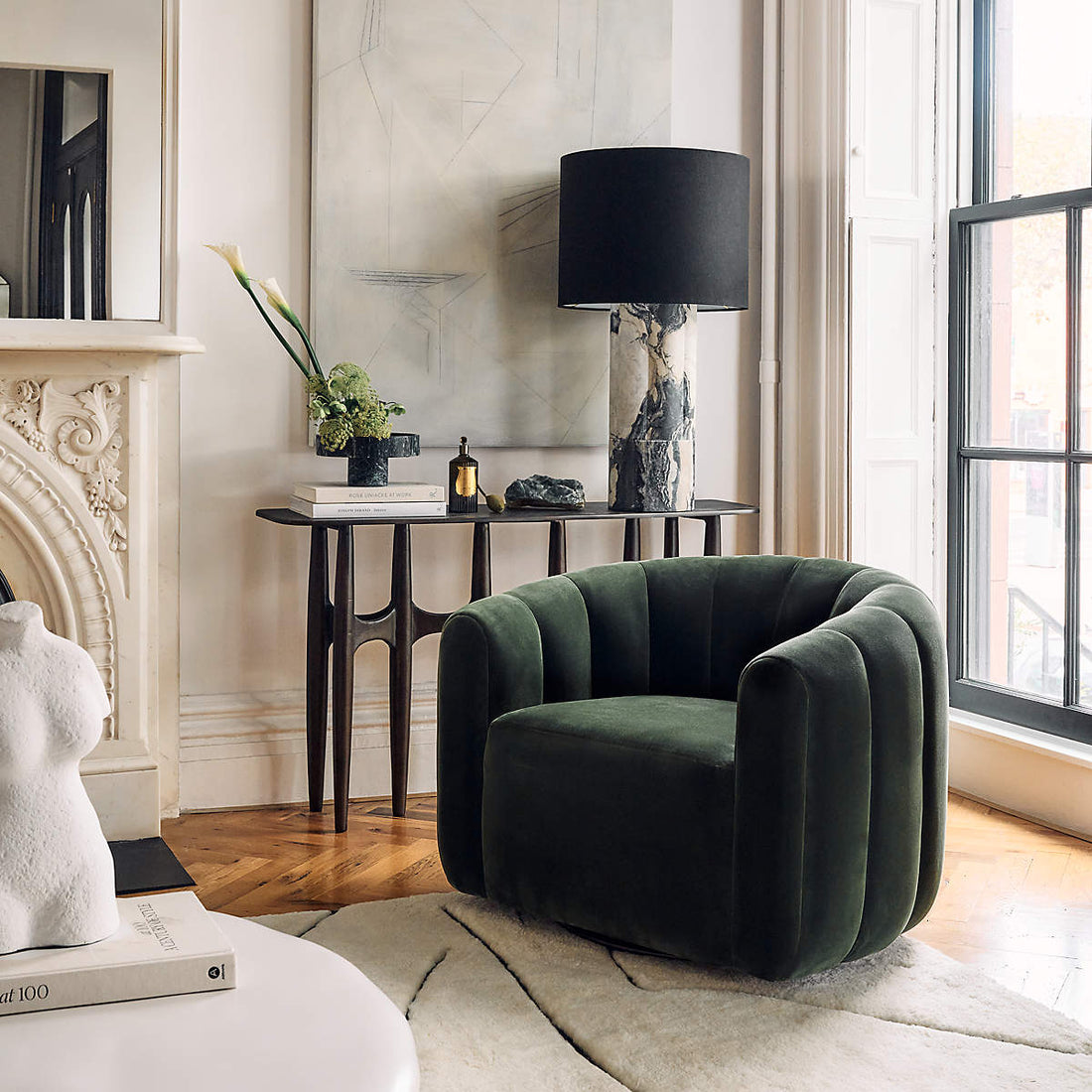 Fitz Channeled Green Velvet Swivel Chair