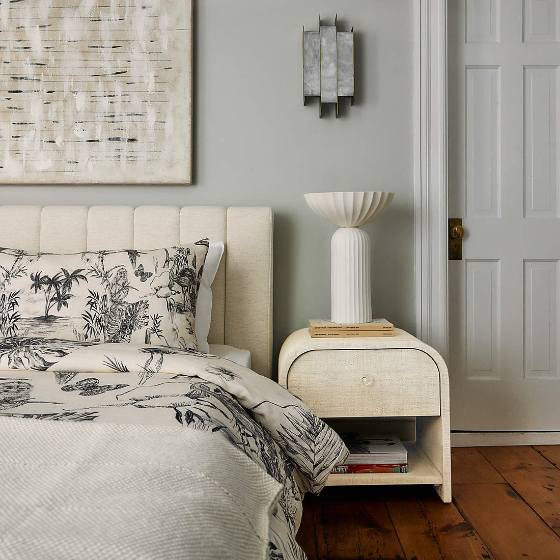 Archer White Lacquered Linen Nightstand with Drawer