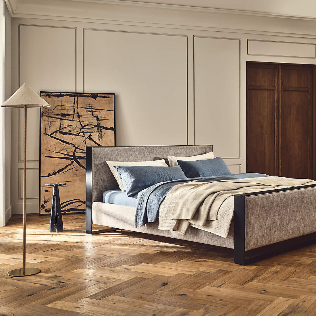 Panora Warm Grey Upholstered and Black Metal Queen Bed