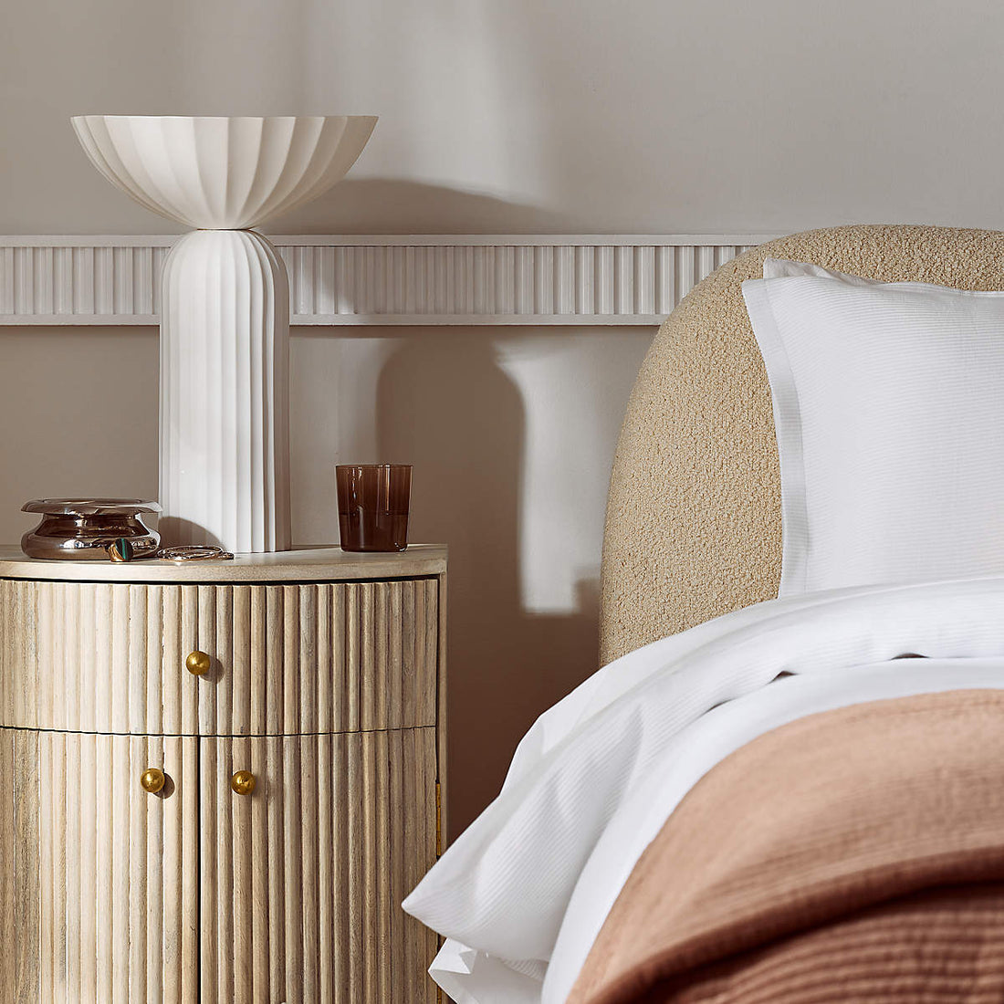 Cameo Curved Whitewashed Wood Nightstand With Drawer