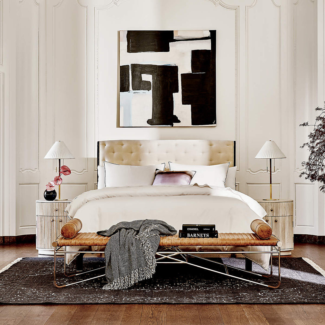 Crosby Tufted White Velvet and Wood Queen Bed