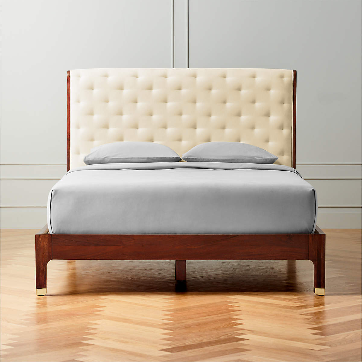 Crosby Tufted White Velvet and Wood Queen Bed
