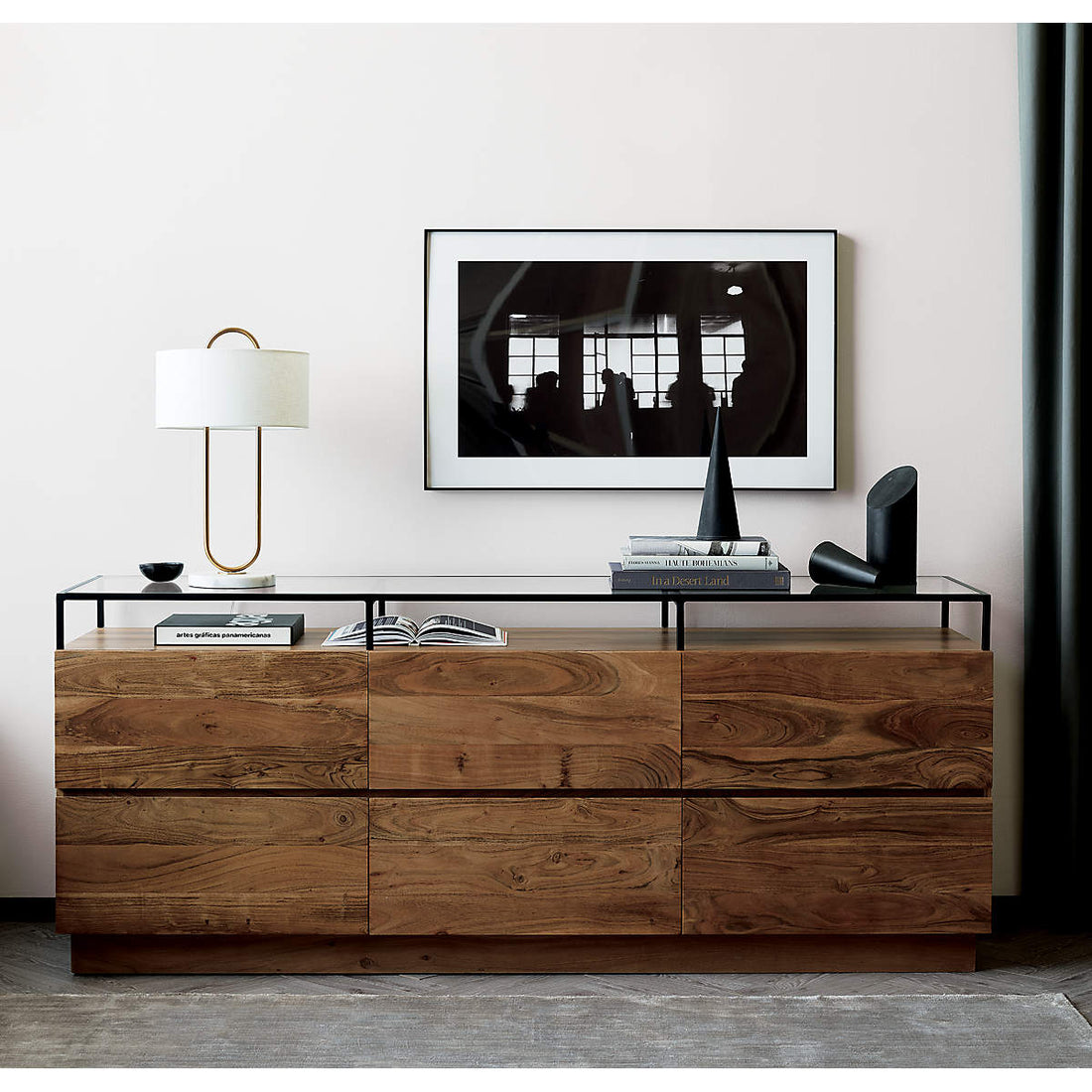Lawson Low 6-Drawer Wood Dresser with Glass Top