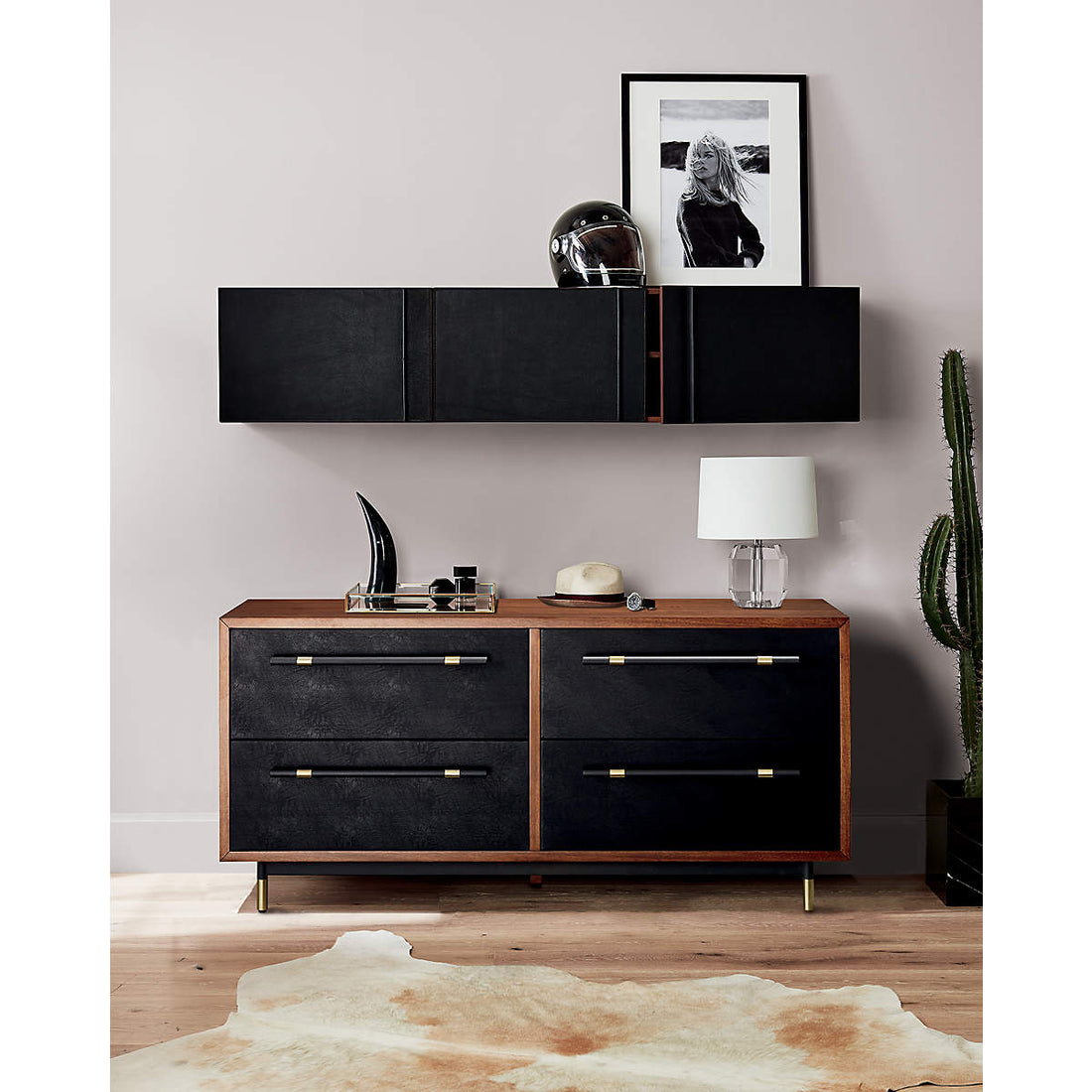 Oberlin 4-Drawer Black Leather and Wood Dresser